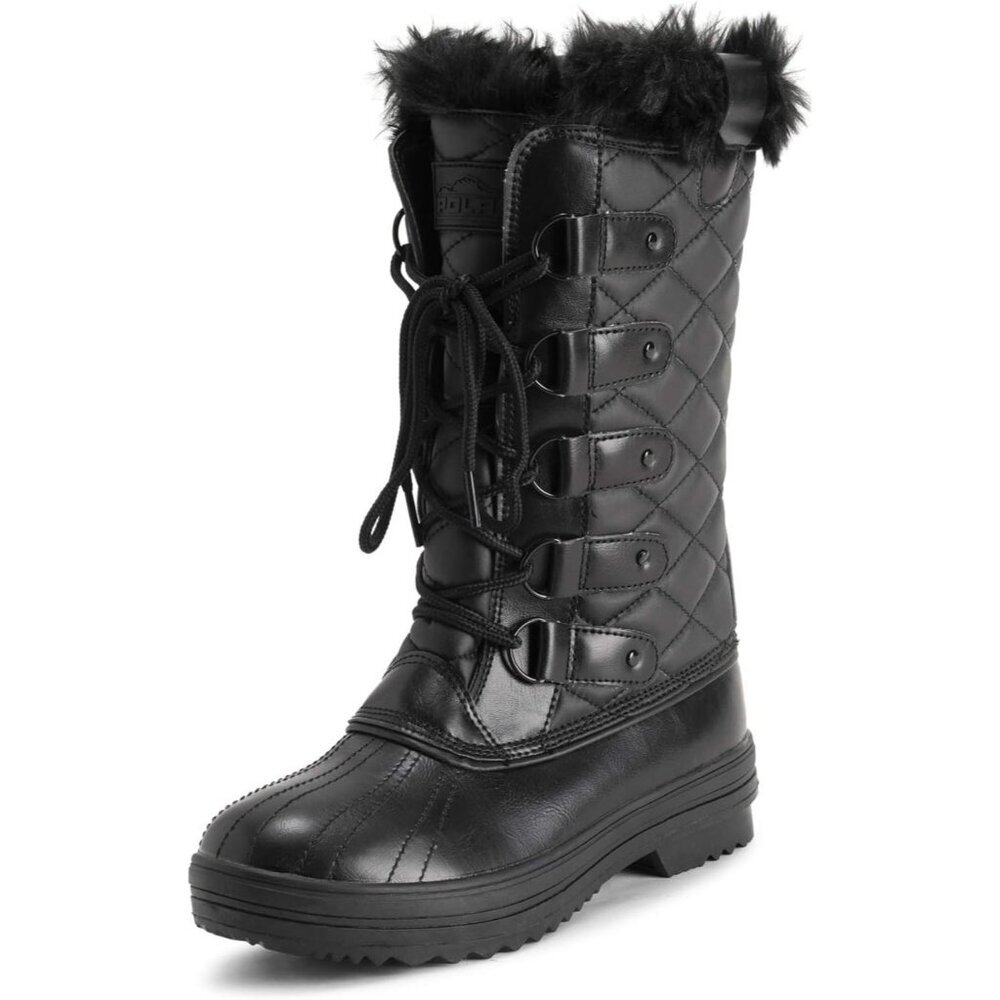 〽️Women's Black Leather Polar Tall Nylon Waterproof Fur Lined Winter Rain Boots